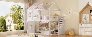 English Elm Full Over Bunk Bed Playhouse Design with Staircase Storage and Open Shelving for Kids White+Pink N820S00084K