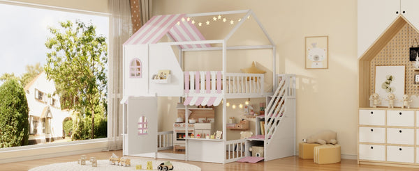 English Elm Full Over Bunk Bed Playhouse Design with Staircase Storage and Open Shelving for Kids White+Pink N820S00084K