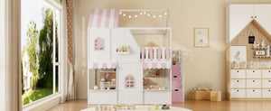 English Elm Full Over Bunk Bed Playhouse Design with Staircase Storage and Open Shelving for Kids White+Pink N820S00084K