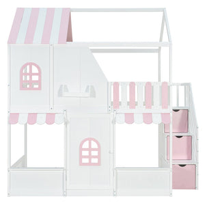 English Elm Full Over Bunk Bed Playhouse Design with Staircase Storage and Open Shelving for Kids White+Pink N820S00084K