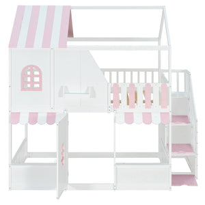 English Elm Full Over Bunk Bed Playhouse Design with Staircase Storage and Open Shelving for Kids White+Pink N820S00084K