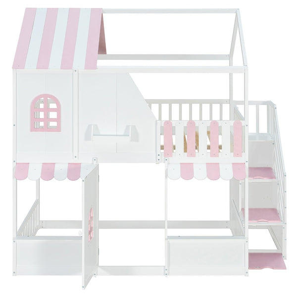 English Elm Full Over Bunk Bed Playhouse Design with Staircase Storage and Open Shelving for Kids White+Pink N820S00084K