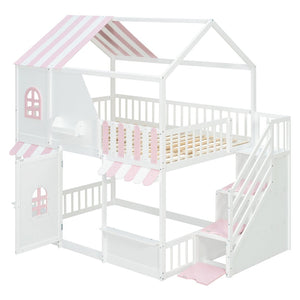 English Elm Full Over Bunk Bed Playhouse Design with Staircase Storage and Open Shelving for Kids White+Pink N820S00084K