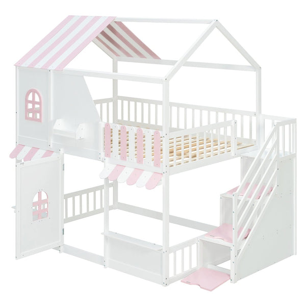 English Elm Full Over Bunk Bed Playhouse Design with Staircase Storage and Open Shelving for Kids White+Pink N820S00084K