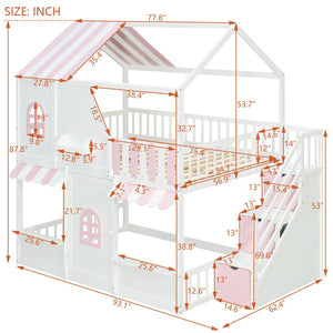 English Elm Full Over Bunk Bed Playhouse Design with Staircase Storage and Open Shelving for Kids White+Pink N820S00084K