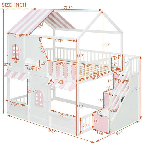English Elm Full Over Bunk Bed Playhouse Design with Staircase Storage and Open Shelving for Kids White+Pink N820S00084K