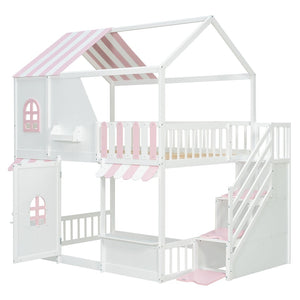 English Elm Full Over Bunk Bed Playhouse Design with Staircase Storage and Open Shelving for Kids White+Pink N820S00084K