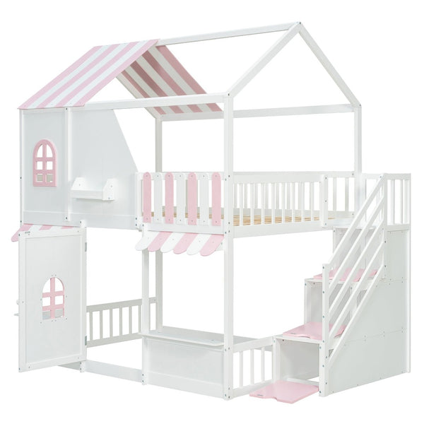 English Elm Full Over Bunk Bed Playhouse Design with Staircase Storage and Open Shelving for Kids White+Pink N820S00084K