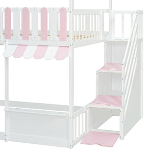 English Elm Full Over Bunk Bed Playhouse Design with Staircase Storage and Open Shelving for Kids White+Pink N820S00084K