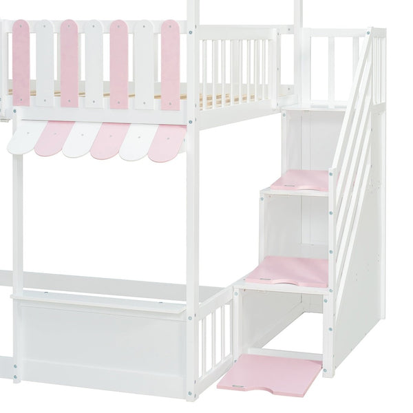 English Elm Full Over Bunk Bed Playhouse Design with Staircase Storage and Open Shelving for Kids White+Pink N820S00084K