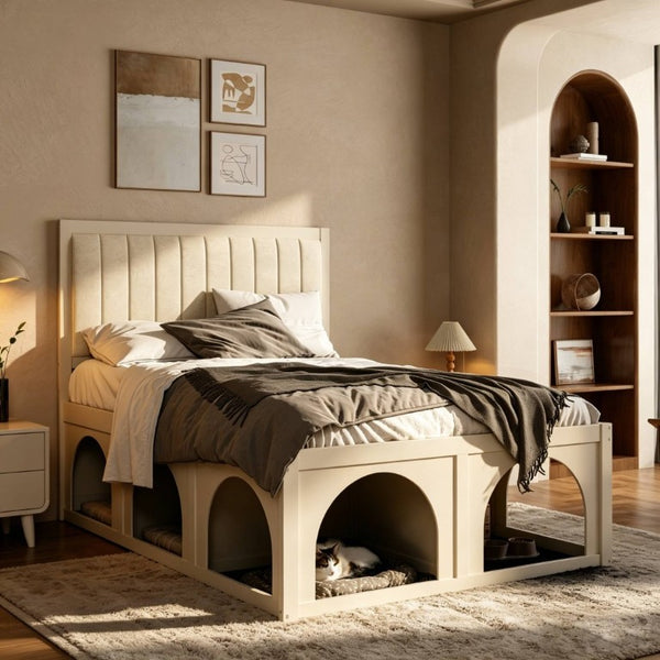English Elm Full Upholstered Platform Bed with Pet Nook Channel Tufted Velvet Headboard Beige N820S00085A