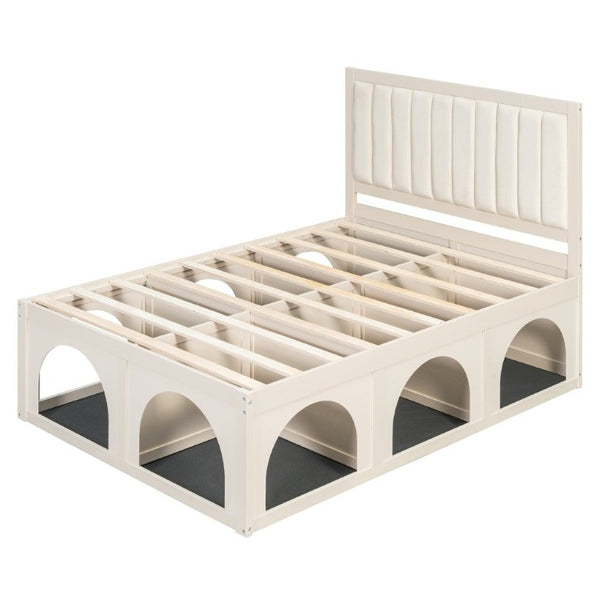 English Elm Full Upholstered Platform Bed with Pet Nook Channel Tufted Velvet Headboard Beige N820S00085A
