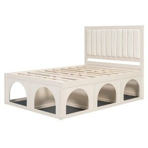 English Elm Full Upholstered Platform Bed with Pet Nook Channel Tufted Velvet Headboard Beige N820S00085A