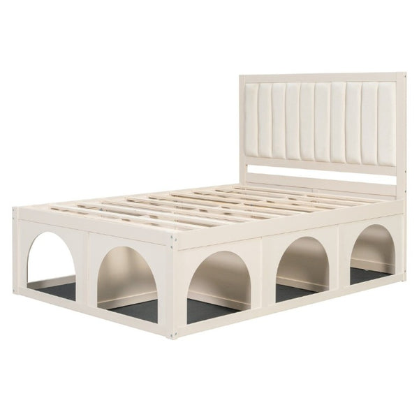 English Elm Full Upholstered Platform Bed with Pet Nook Channel Tufted Velvet Headboard Beige N820S00085A