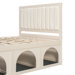 English Elm Full Upholstered Platform Bed with Pet Nook Channel Tufted Velvet Headboard Beige N820S00085A