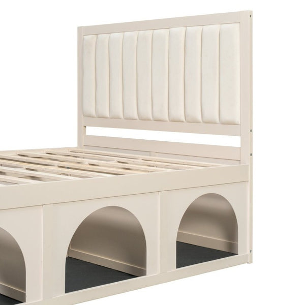 English Elm Full Upholstered Platform Bed with Pet Nook Channel Tufted Velvet Headboard Beige N820S00085A