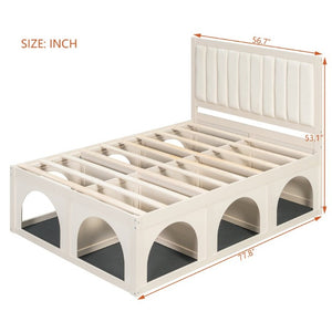 English Elm Full Upholstered Platform Bed with Pet Nook Channel Tufted Velvet Headboard Beige N820S00085A