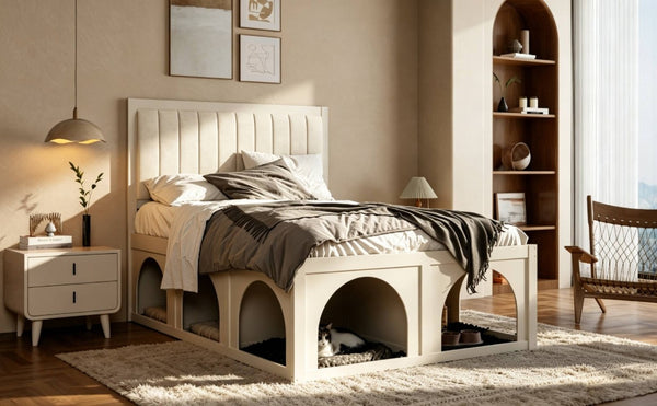 English Elm Full Upholstered Platform Bed with Pet Nook Channel Tufted Velvet Headboard Beige N820S00085A