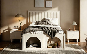 English Elm Full Upholstered Platform Bed with Pet Nook Channel Tufted Velvet Headboard Beige N820S00085A