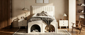 English Elm Full Upholstered Platform Bed with Pet Nook Channel Tufted Velvet Headboard Beige N820S00085A