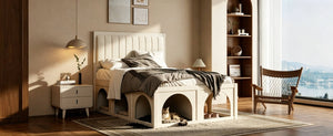 English Elm Full Upholstered Platform Bed with Pet Nook Channel Tufted Velvet Headboard Beige N820S00085A