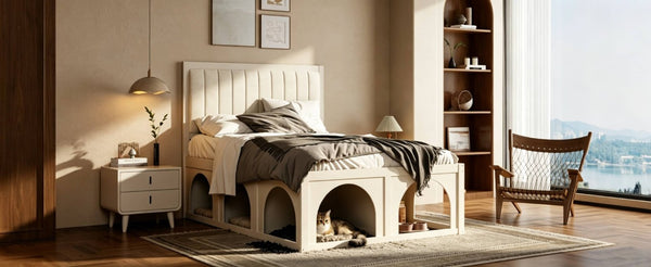 English Elm Full Upholstered Platform Bed with Pet Nook Channel Tufted Velvet Headboard Beige N820S00085A