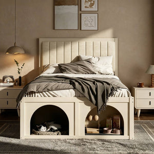 English Elm Full Upholstered Platform Bed with Pet Nook Channel Tufted Velvet Headboard Beige N820S00085A