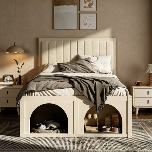 English Elm Full Upholstered Platform Bed with Pet Nook Channel Tufted Velvet Headboard Beige N820S00085A