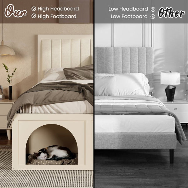 English Elm Full Upholstered Platform Bed with Pet Nook Channel Tufted Velvet Headboard Beige N820S00085A