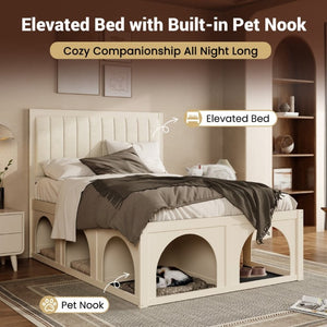 English Elm Full Upholstered Platform Bed with Pet Nook Channel Tufted Velvet Headboard Beige N820S00085A