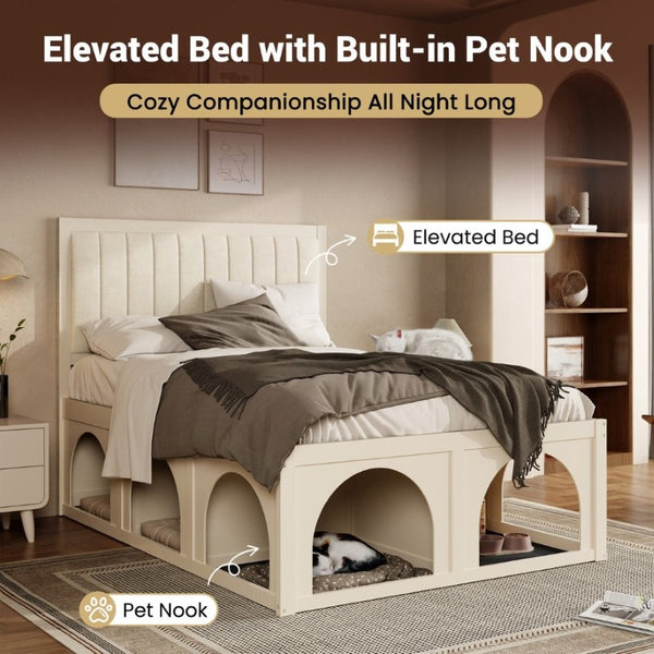 English Elm Full Upholstered Platform Bed with Pet Nook Channel Tufted Velvet Headboard Beige N820S00085A