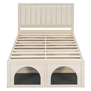 English Elm Full Upholstered Platform Bed with Pet Nook Channel Tufted Velvet Headboard Beige N820S00085A
