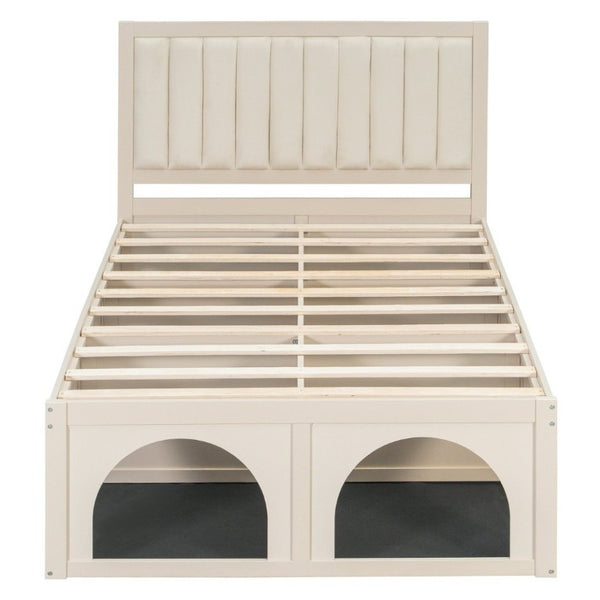 English Elm Full Upholstered Platform Bed with Pet Nook Channel Tufted Velvet Headboard Beige N820S00085A