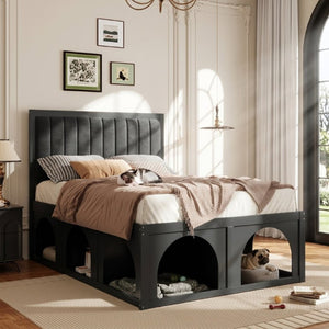English Elm Full Upholstered Platform Bed with Pet Nook Channel Tufted Velvet Headboard Black N820S00085B