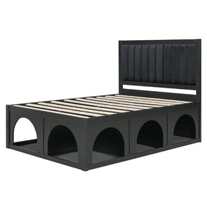 English Elm Full Upholstered Platform Bed with Pet Nook Channel Tufted Velvet Headboard Black N820S00085B