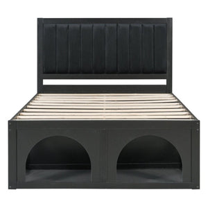 English Elm Full Upholstered Platform Bed with Pet Nook Channel Tufted Velvet Headboard Black N820S00085B