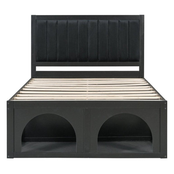 English Elm Full Upholstered Platform Bed with Pet Nook Channel Tufted Velvet Headboard Black N820S00085B