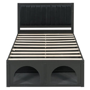 English Elm Full Upholstered Platform Bed with Pet Nook Channel Tufted Velvet Headboard Black N820S00085B