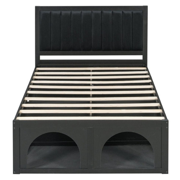 English Elm Full Upholstered Platform Bed with Pet Nook Channel Tufted Velvet Headboard Black N820S00085B