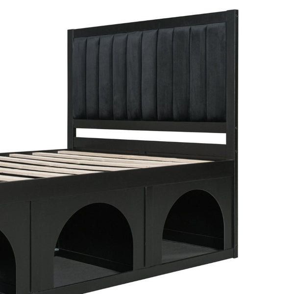 English Elm Full Upholstered Platform Bed with Pet Nook Channel Tufted Velvet Headboard Black N820S00085B