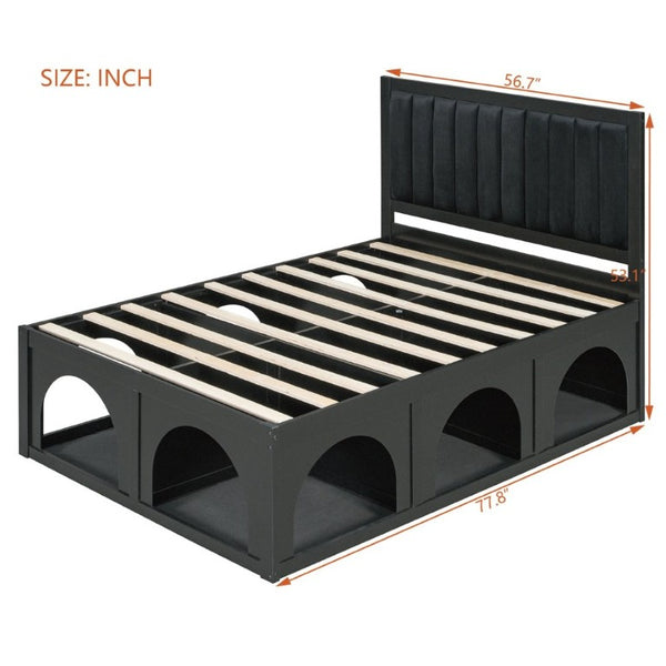 English Elm Full Upholstered Platform Bed with Pet Nook Channel Tufted Velvet Headboard Black N820S00085B