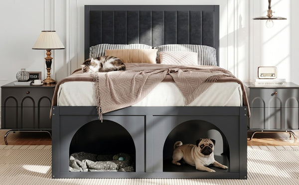 English Elm Full Upholstered Platform Bed with Pet Nook Channel Tufted Velvet Headboard Black N820S00085B