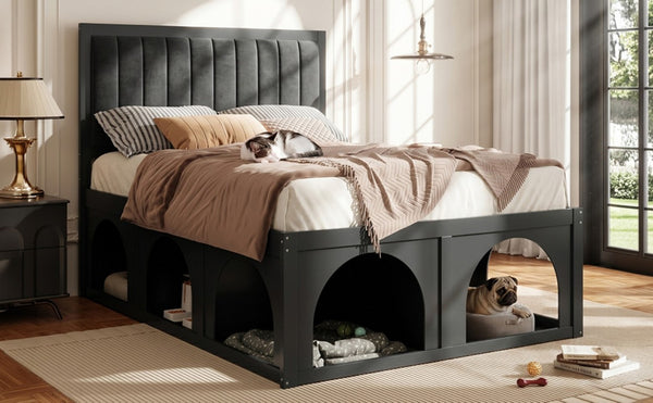 English Elm Full Upholstered Platform Bed with Pet Nook Channel Tufted Velvet Headboard Black N820S00085B