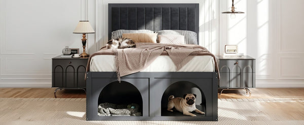 English Elm Full Upholstered Platform Bed with Pet Nook Channel Tufted Velvet Headboard Black N820S00085B