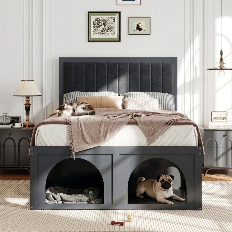English Elm Full Upholstered Platform Bed with Pet Nook Channel Tufted Velvet Headboard Black N820S00085B
