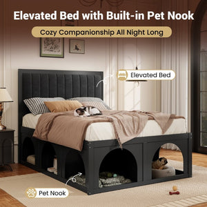 English Elm Full Upholstered Platform Bed with Pet Nook Channel Tufted Velvet Headboard Black N820S00085B