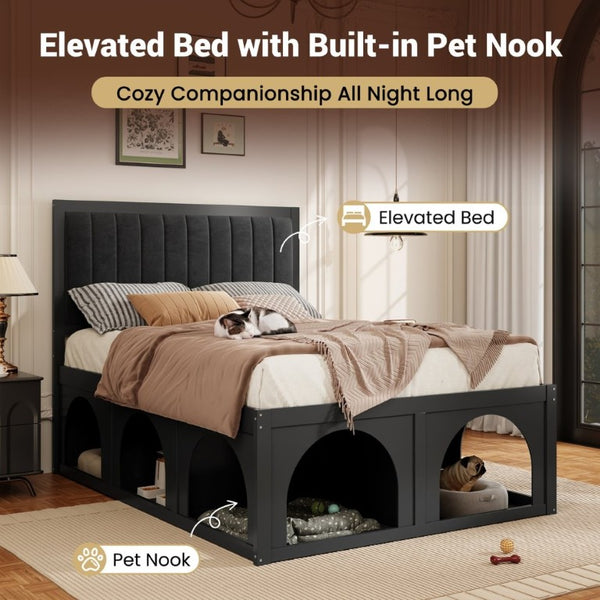 English Elm Full Upholstered Platform Bed with Pet Nook Channel Tufted Velvet Headboard Black N820S00085B