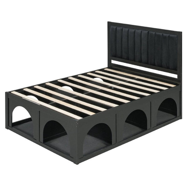 English Elm Full Upholstered Platform Bed with Pet Nook Channel Tufted Velvet Headboard Black N820S00085B