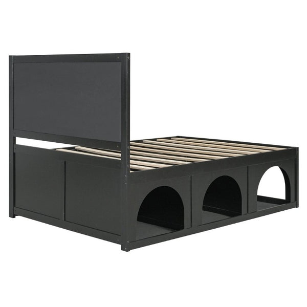 English Elm Full Upholstered Platform Bed with Pet Nook Channel Tufted Velvet Headboard Black N820S00085B