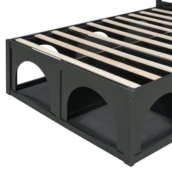 English Elm Full Upholstered Platform Bed with Pet Nook Channel Tufted Velvet Headboard Black N820S00085B